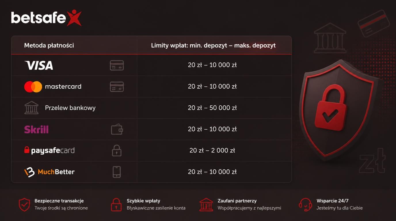 Limity wpłat – tabela metod płatności z polskimi złotówkami i ikonami kart i banku.