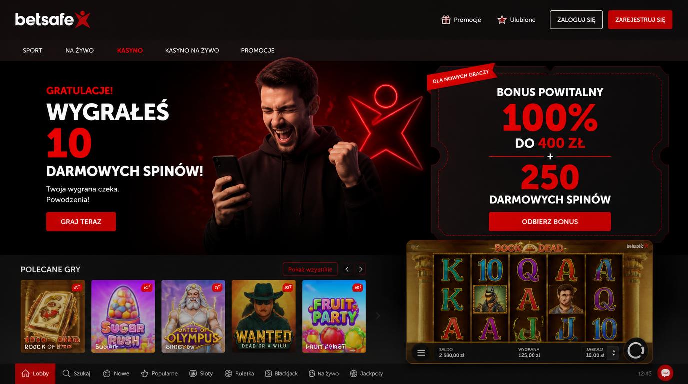 Gracz trzyma telefon z ekranem slotu, wokół wirujące free spiny i kupon z napisem „Bonus powitalny 100% do 400 zł + 250 FS”.