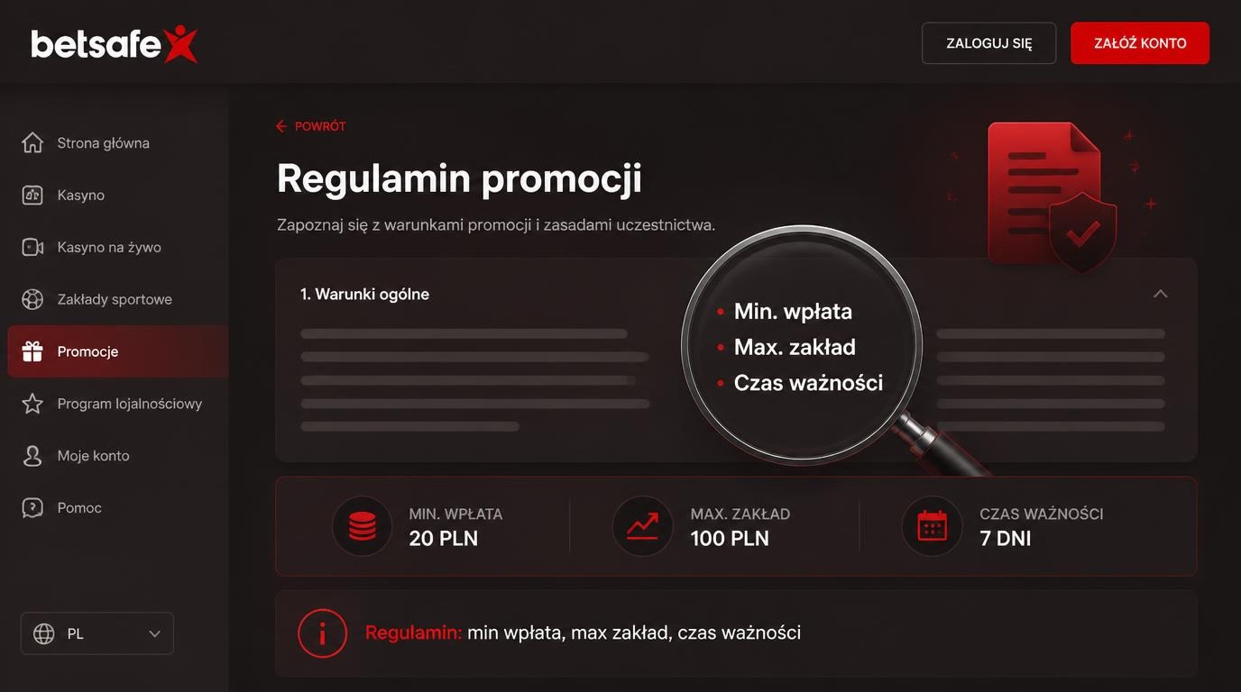 Regulamin promocji z lupą + ikony reprezentujące depozyt minimalny, limit zakładu i termin ważności.