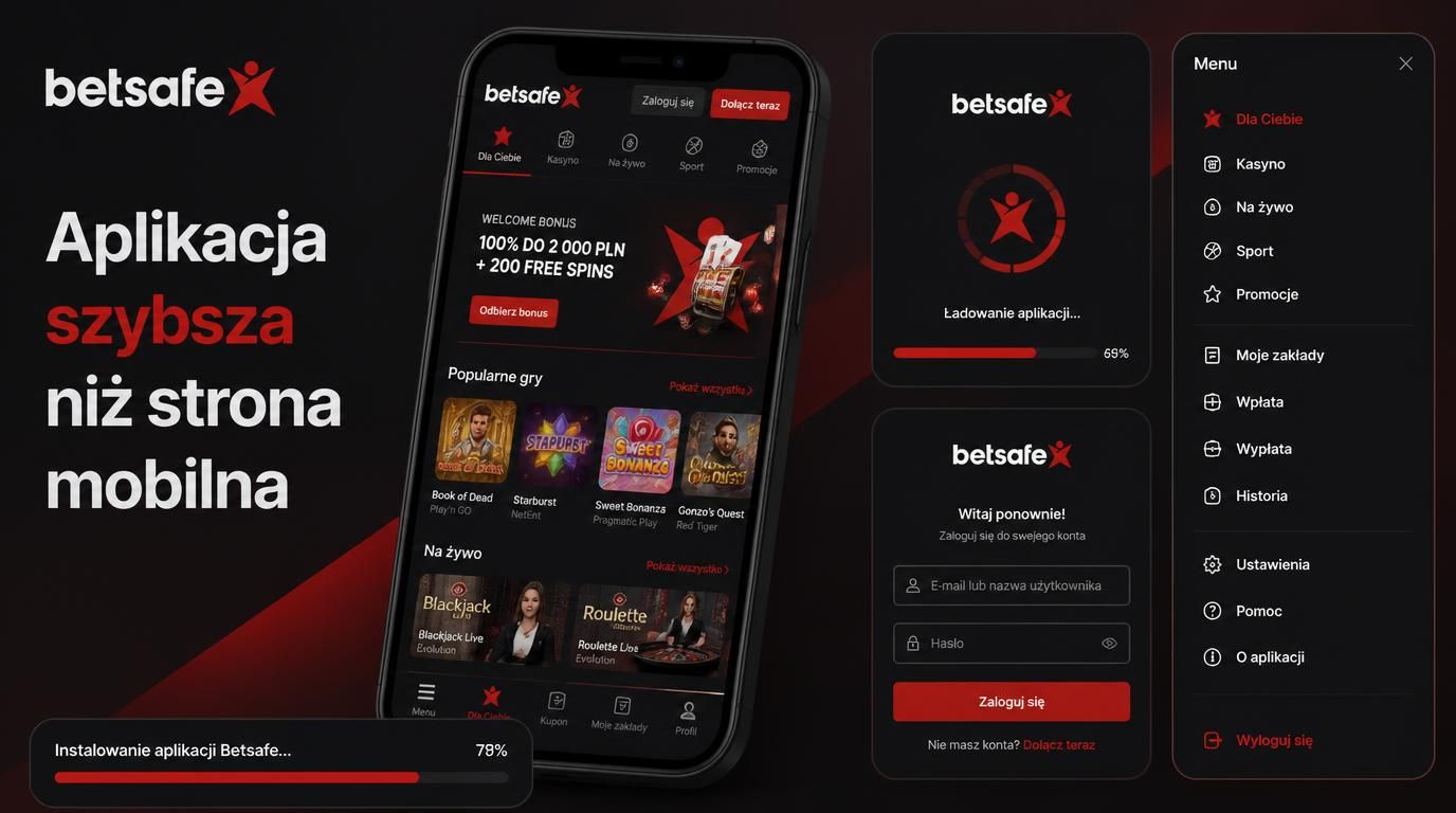 Interfejs aplikacji Betsafe z dużym przyciskiem logowania i animacją ładowania.