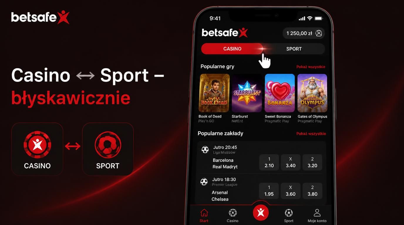 Ekran aplikacji Betsafe z widoczną sekcją kasyno i sport, przełączenie między nimi.