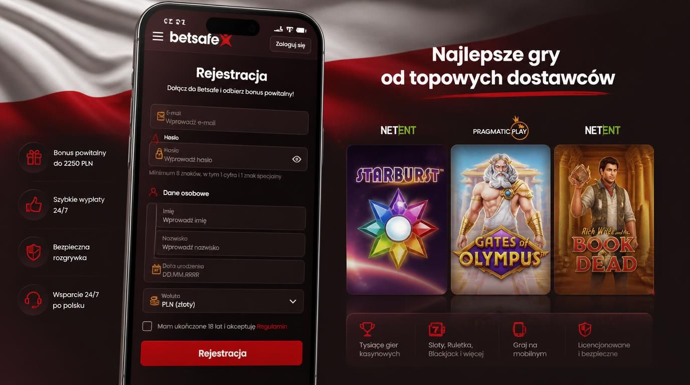 Interfejs rejestracji na smartfonie w Betsafe Kasyno Polska   formularz i szybki start ze slotami.