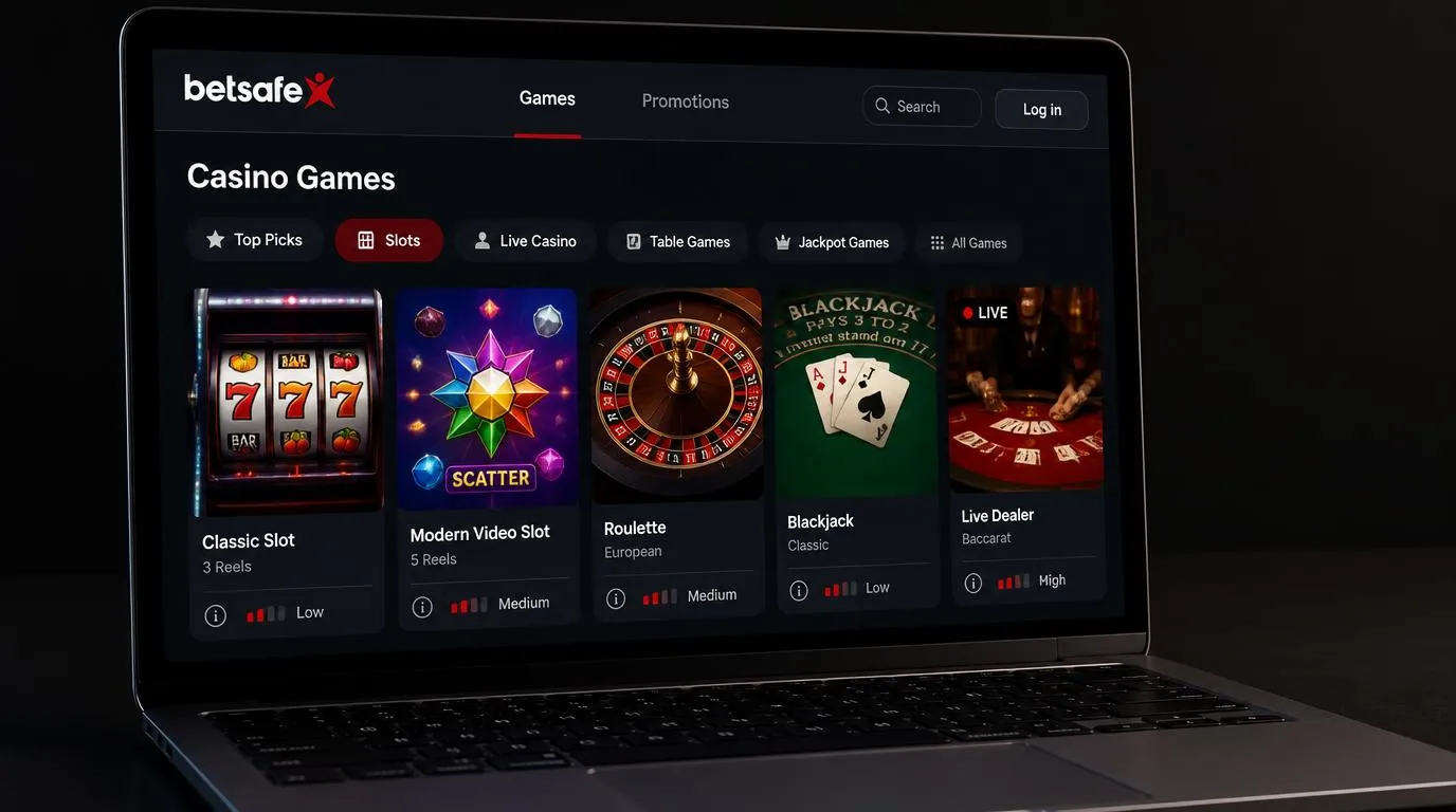 Ekran kasyna online z kategoriami automatów, ruletki, blackjacka i gier z krupierem