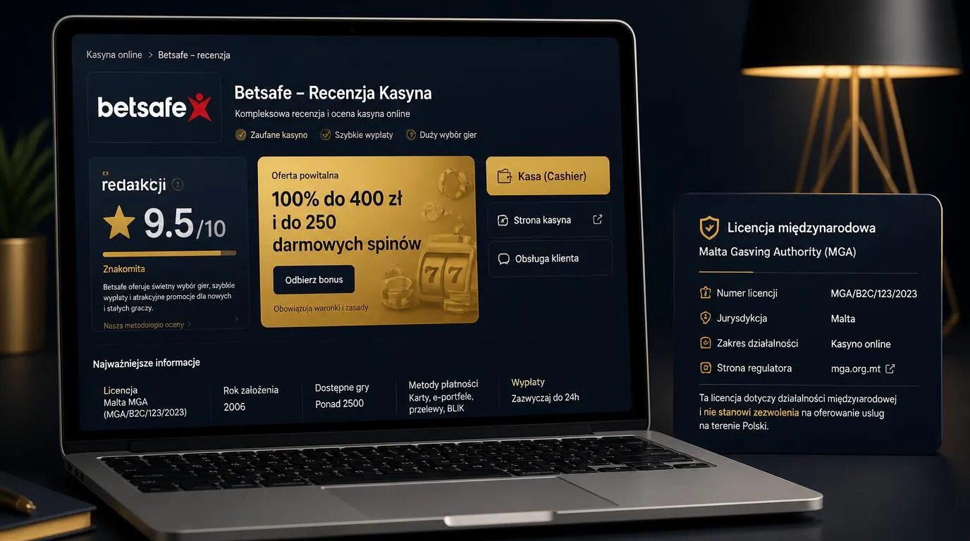 Ekran kasyna z oceną 9,5/10, ofertą powitalną i przyciskiem prowadzącym do kasy